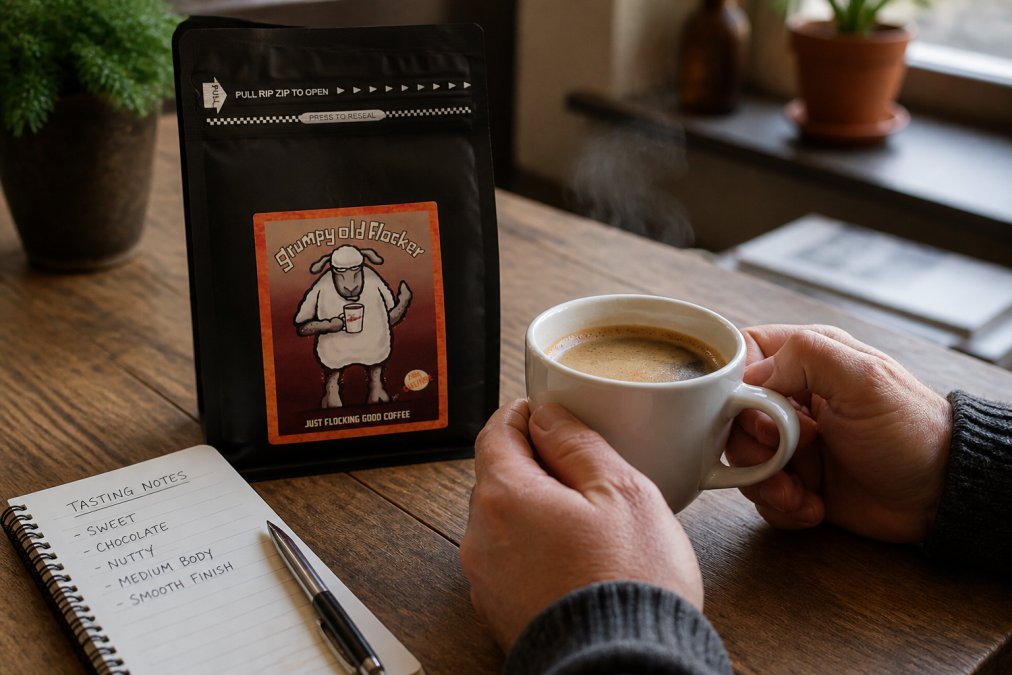 Hands holding a white ceramic cup of freshly brewed specialty coffee with rich crema, steam rising, set on a wooden table with a small notebook of tasting notes and a bag of premium beans nearby