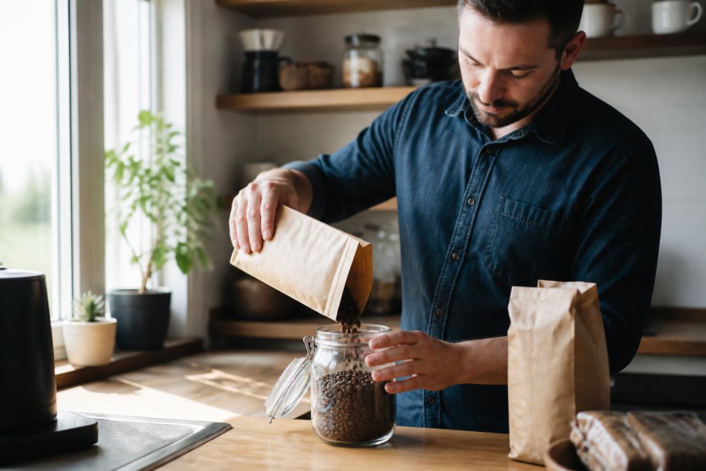 Close-up of hands transferring freshly roasted whole coffee beans from a kraft paper bag into a clear glass airtight container with a metal clip seal, roast date label visible on the original bag, natural morning light illuminating the beans
