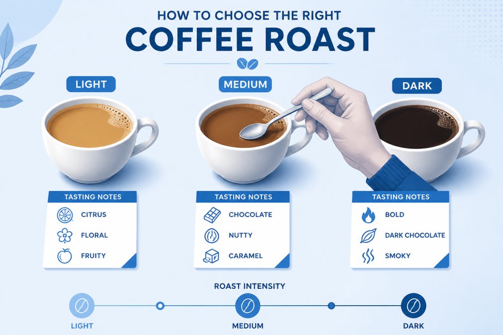 Three white ceramic coffee cups arranged in a row, each filled with freshly brewed coffee showing progressive color from light tan to medium brown to dark brown, with small tasting note cards positioned next to each cup, person's hand holding a small coffee spoon tasting the medium roast