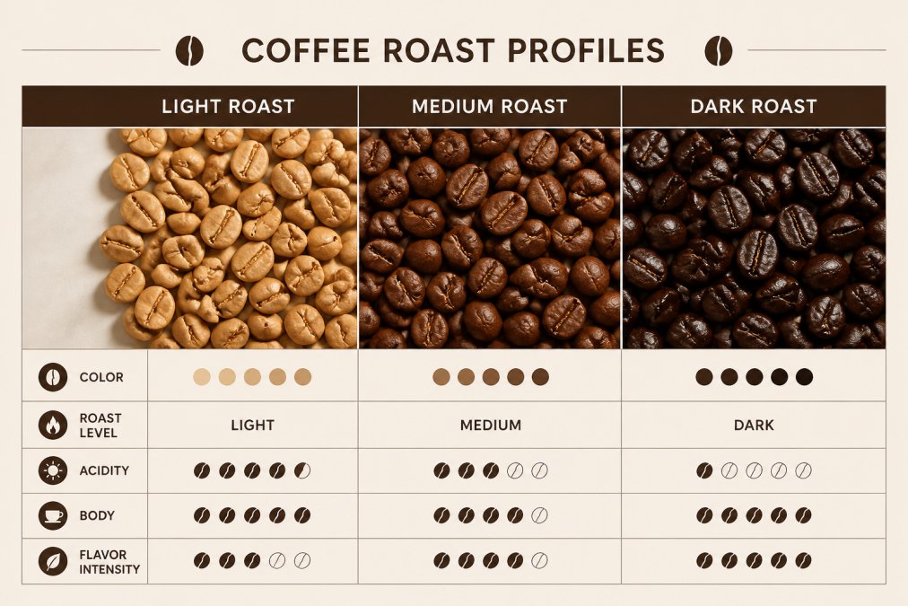 Close-up of whole coffee beans in varying roast levels arranged side by side, showing color progression from pale tan light roasts through medium-brown medium roasts to dark chocolate dark roasts, with natural window lighting casting subtle shadows