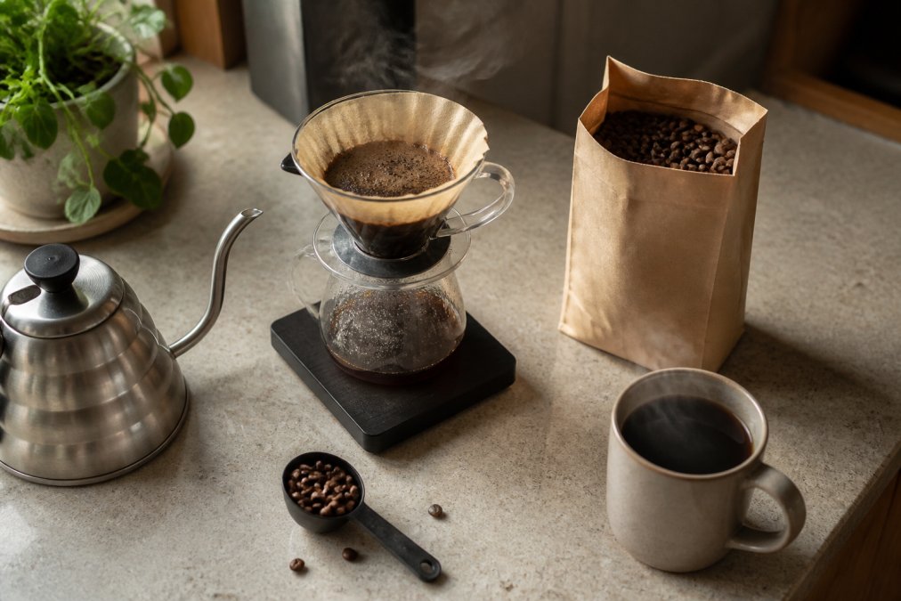Overhead shot of a pour-over setup on a kitchen counter with a gooseneck kettle, digital scale, and a bag of whole bean coffee beside a steaming mug