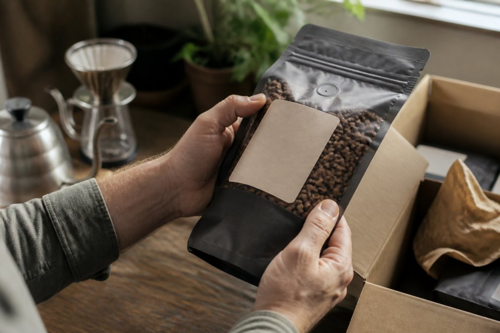 Close-up of hands holding a bag of whole bean coffee with visible roast date label and origin information, examining the packaging details in natural light