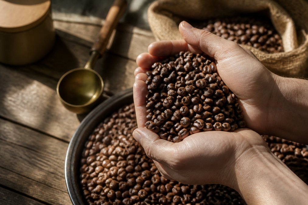 Close-up of hands holding freshly roasted whole coffee beans with visible oil sheen and rich color variation, morning light streaming across weathered wooden surface