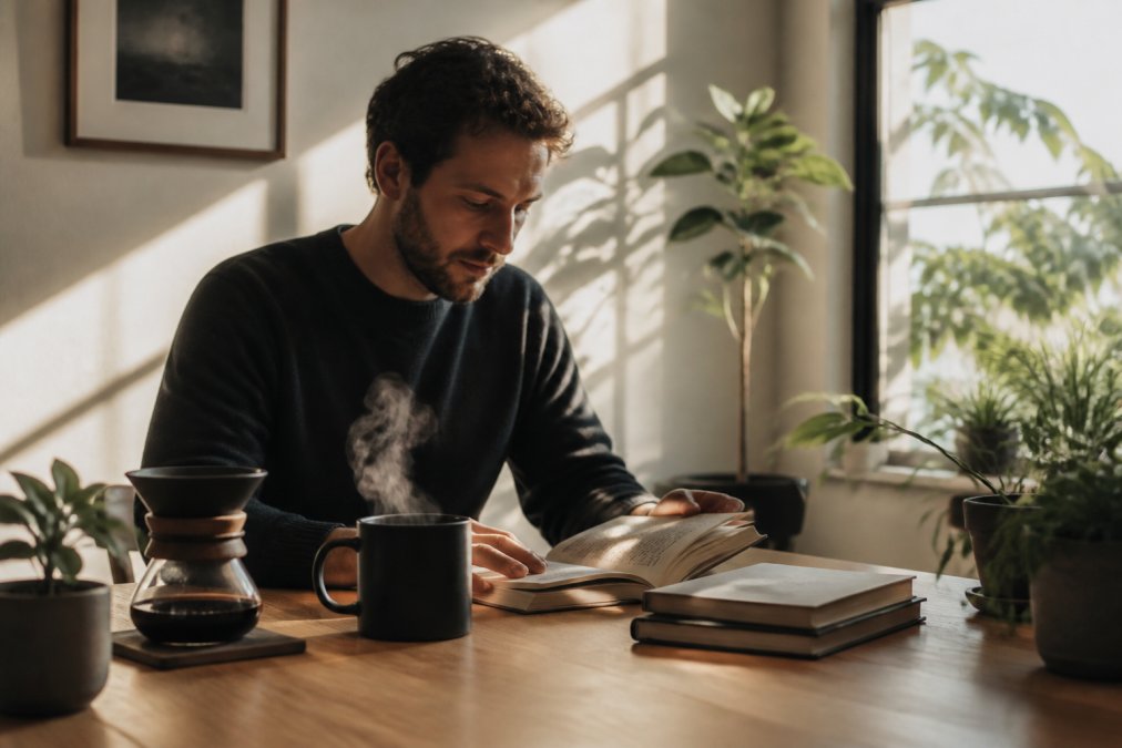 Remote worker at home office with steaming cup of premium coffee beside open book, natural morning light streaming through window, peaceful minimalist desk setup with plants
