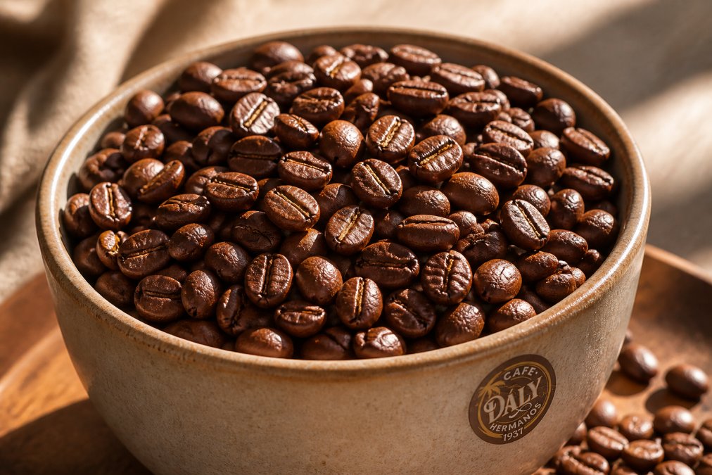 Close-up of whole premium coffee beans in a ceramic cup showing rich brown color variation and texture, with morning sunlight creating warm shadows across the beans