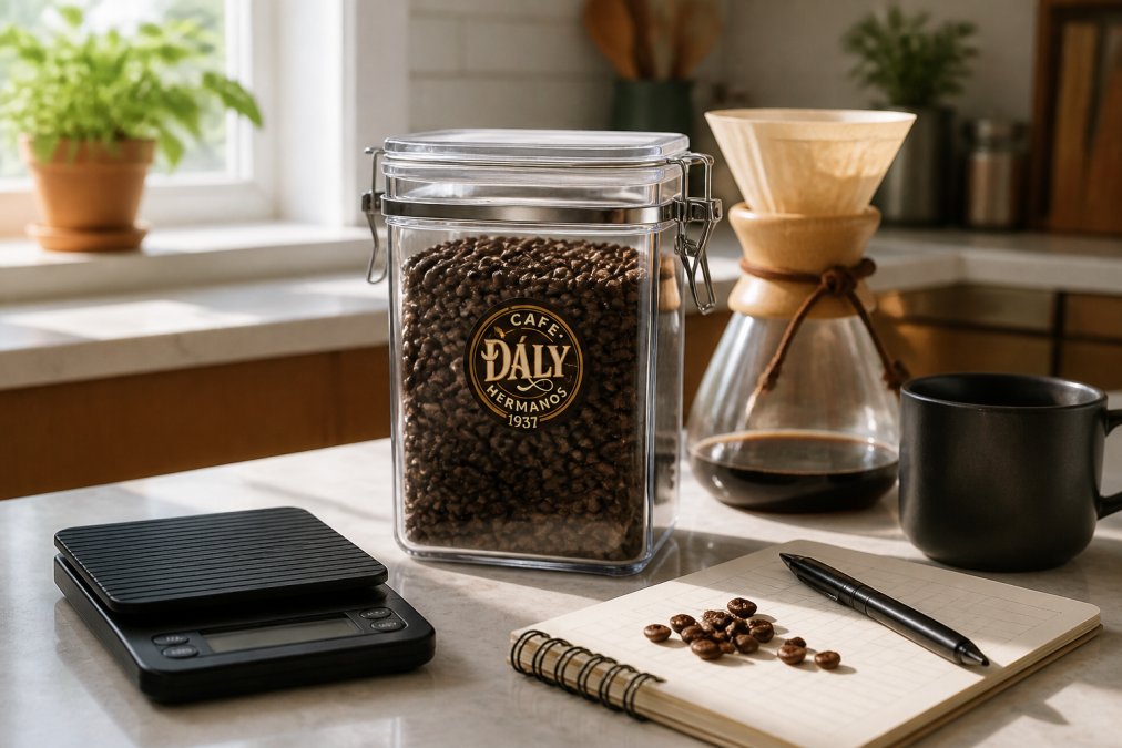 Home kitchen counter with an airtight glass container filled with whole coffee beans, a small scale, and a notepad showing roast date and tasting notes, organized in natural morning light