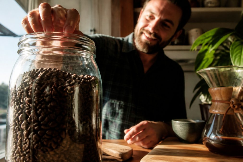 Close-up of freshly roasted premium coffee beans in a clear glass jar with warm afternoon sunlight streaming through, highlighting the beans' rich brown color and glossy surface texture