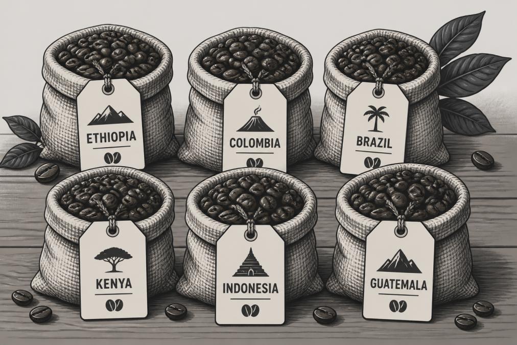 Close-up of several small burlap bags of whole coffee beans arranged on a wooden table, each with a handwritten origin tag, warm natural light highlighting the texture of the beans