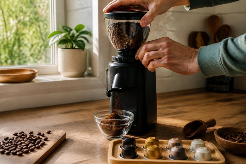 Hands operating a burr coffee grinder on a kitchen counter, freshly ground coffee falling into a small glass bowl, whole beans visible in the grinder hopper, soft morning light coming through a nearby window