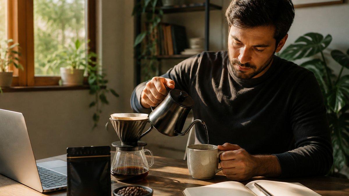 A remote worker at a home office desk pouring fresh coffee from a pour-over kettle into a ceramic mug, laptop and notebook nearby in soft morning light
