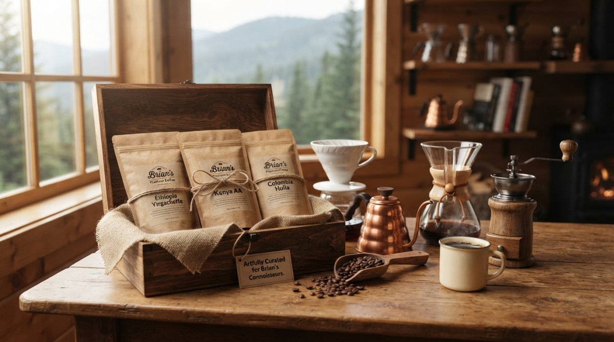 Artfully arranged Brian's Premium Coffee beans in various roast levels displayed in glass vessels with warm, natural lighting highlighting the rich colors and texture of the beans