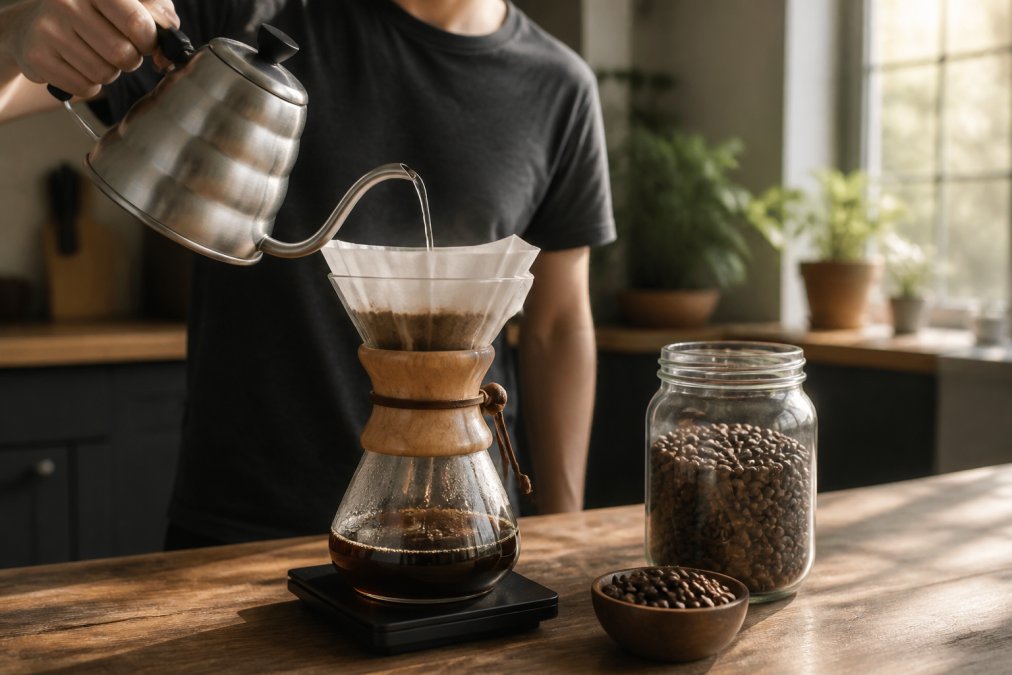 A person pouring hot water slowly over coffee grounds in a Chemex brewer, with whole premium coffee beans visible in a glass container beside it, natural morning light streaming through a kitchen window