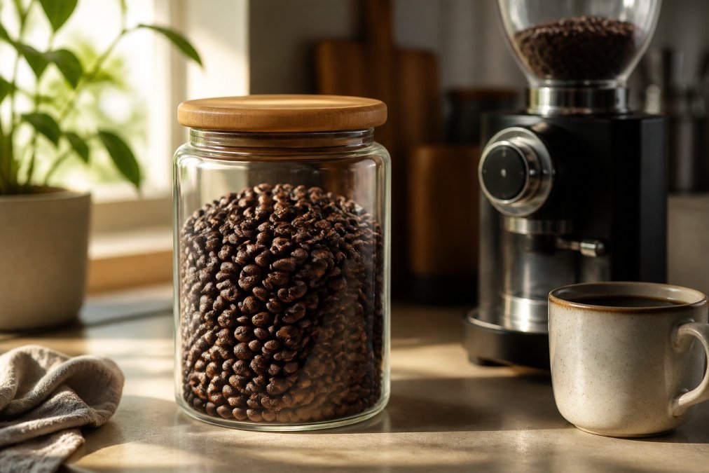 An airtight glass container filled with glossy whole coffee beans positioned on a kitchen counter next to a burr grinder and ceramic coffee cup, with soft morning light illuminating the beans