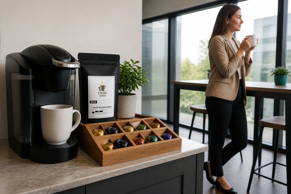 Modern office break room with a sleek pod coffee machine on the counter, fresh premium coffee capsules displayed in a wooden organizer, and a professional in business casual attire enjoying a cup of coffee at a nearby standing desk with natural window lighting