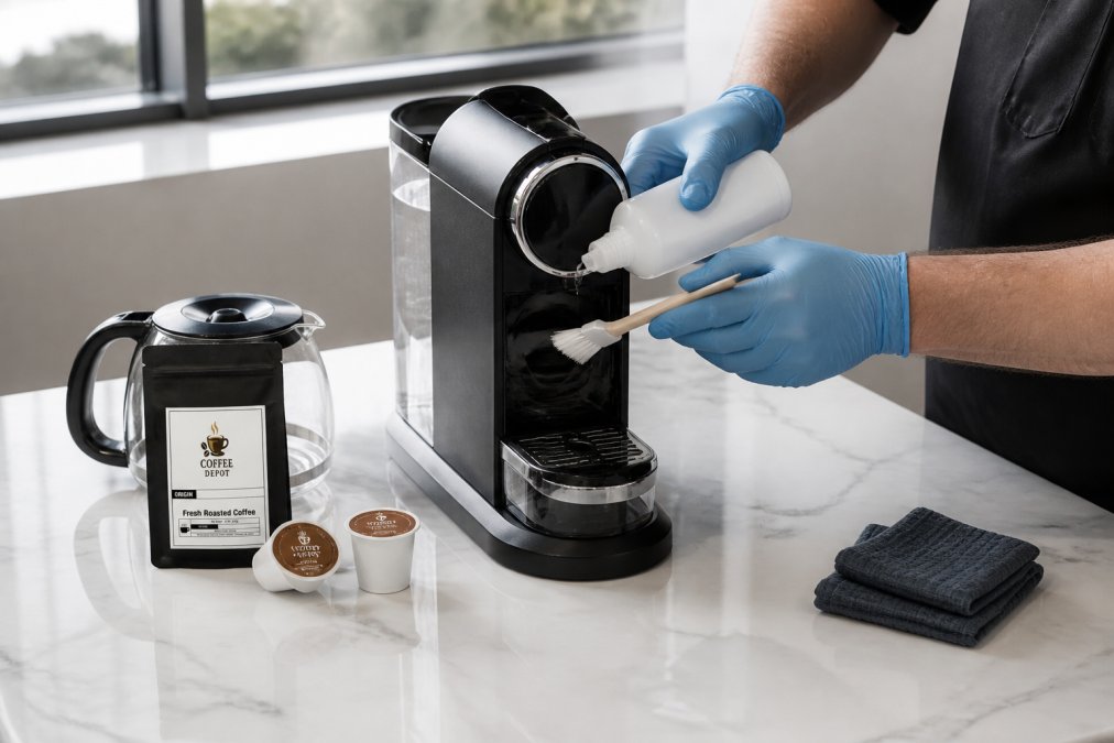 Close-up of hands in blue gloves carefully cleaning a pod coffee machine with descaling solution and a soft brush, with fresh coffee capsules, a carafe, and cleaning supplies arranged on a marble counter in natural light