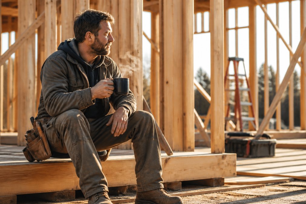 A tradesman in work boots and a tool belt holding a steaming cup of fresh-roasted coffee during a morning break on a construction site, with wooden framing and morning light in the background