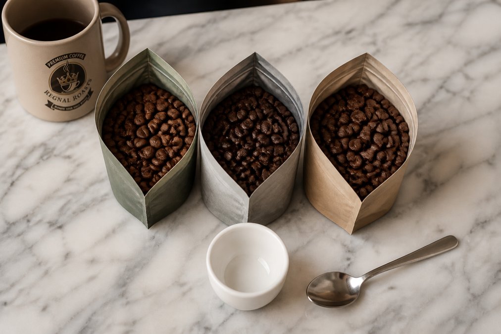 Overhead shot of three open sample pack bags on a marble countertop, each filled with whole coffee beans, with a small white tasting cup and a spoon beside them