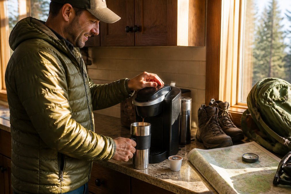 A person in outdoor gear pouring a fresh cup of coffee from a single-serve pod brewer on a kitchen counter, with a travel mug and trail map nearby, morning light through the window