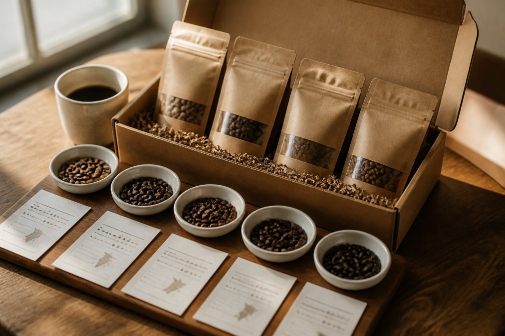 Artisanal coffee beans in premium sample pack with tasting notes cards, soft morning light illuminating different roast profiles and single-origin labels