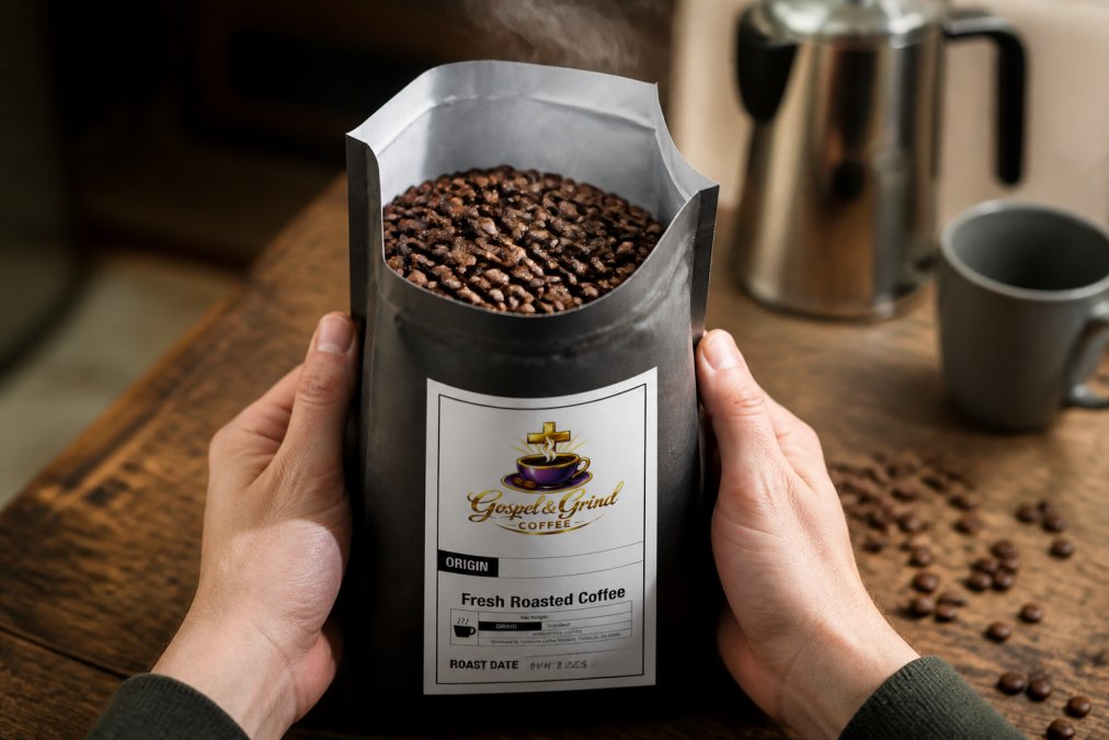 Close-up of freshly roasted coffee beans in a kraft bag with visible roast date printed on label, steam rising from the bag opening, hands holding the bag to show the rich brown color and texture of medium roast beans
