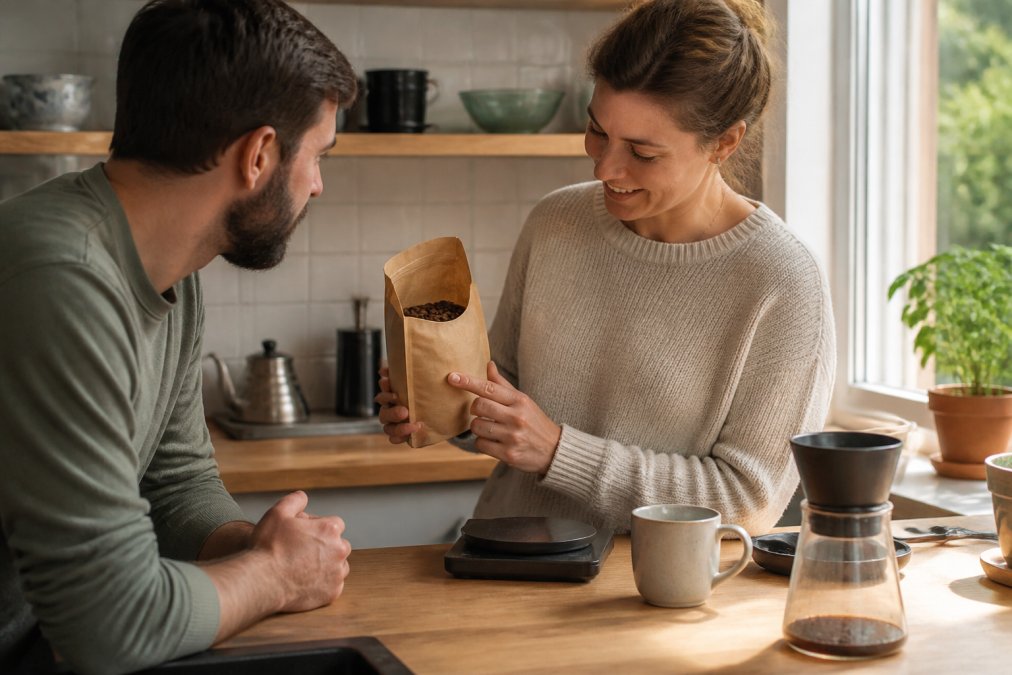 A person holding a bag of whole bean coffee next to a kitchen scale and a ceramic mug, soft morning light through a window