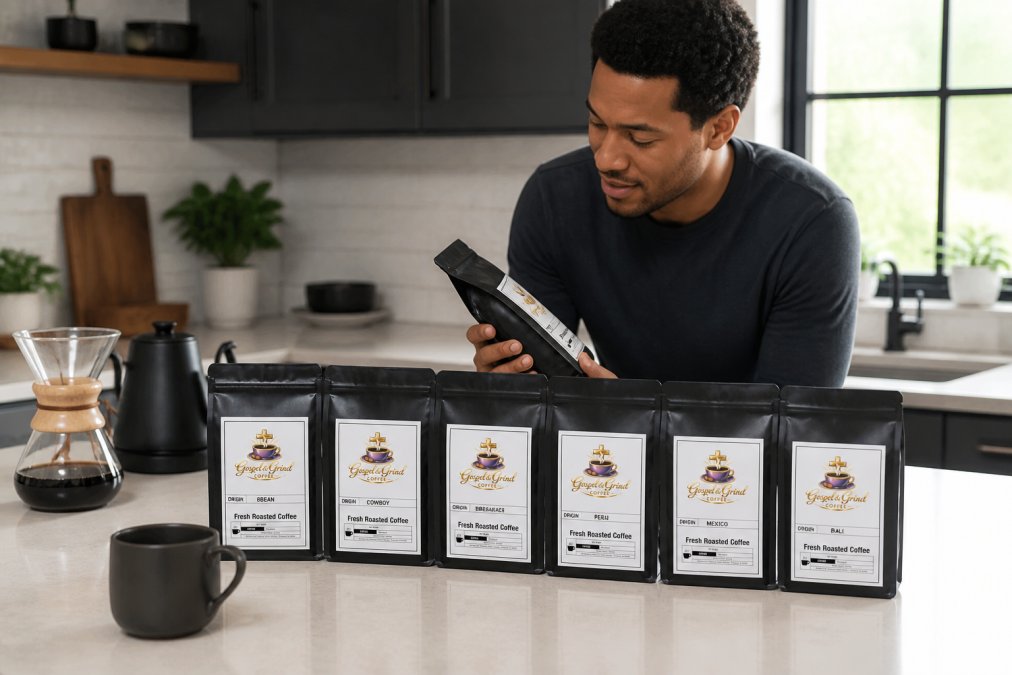 Person at home kitchen counter examining multiple coffee bags with tasting notes visible, comparing different origins and roast profiles, natural morning light streaming through window, coffee brewing equipment visible nearby