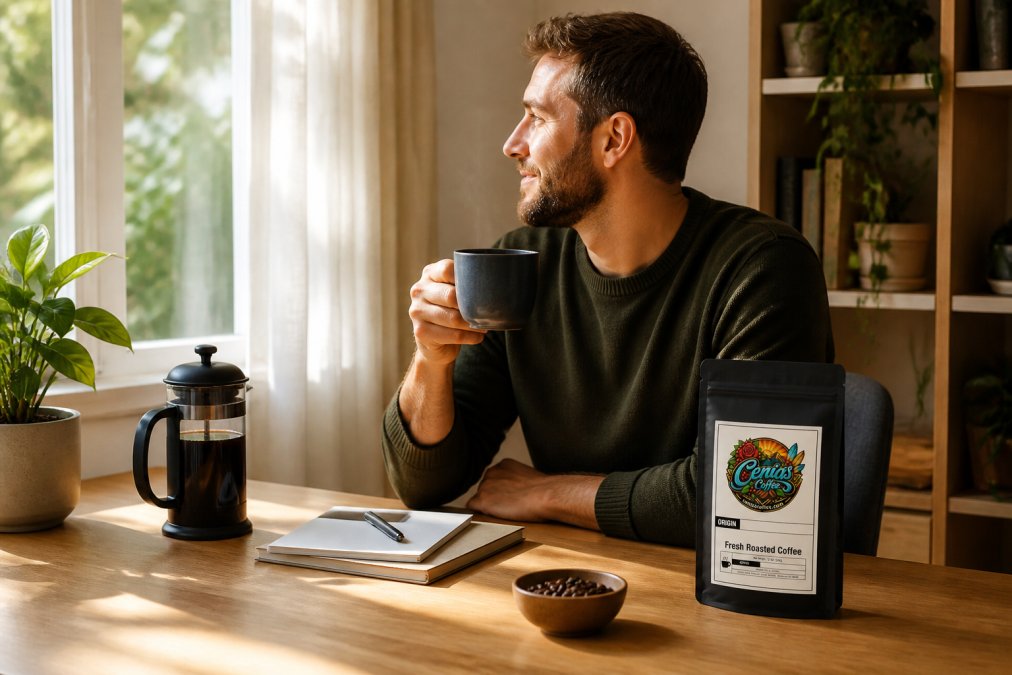 Remote professional at a home office desk with a fresh cup of coffee, whole bean bag visible on the desk, morning light streaming through a nearby window
