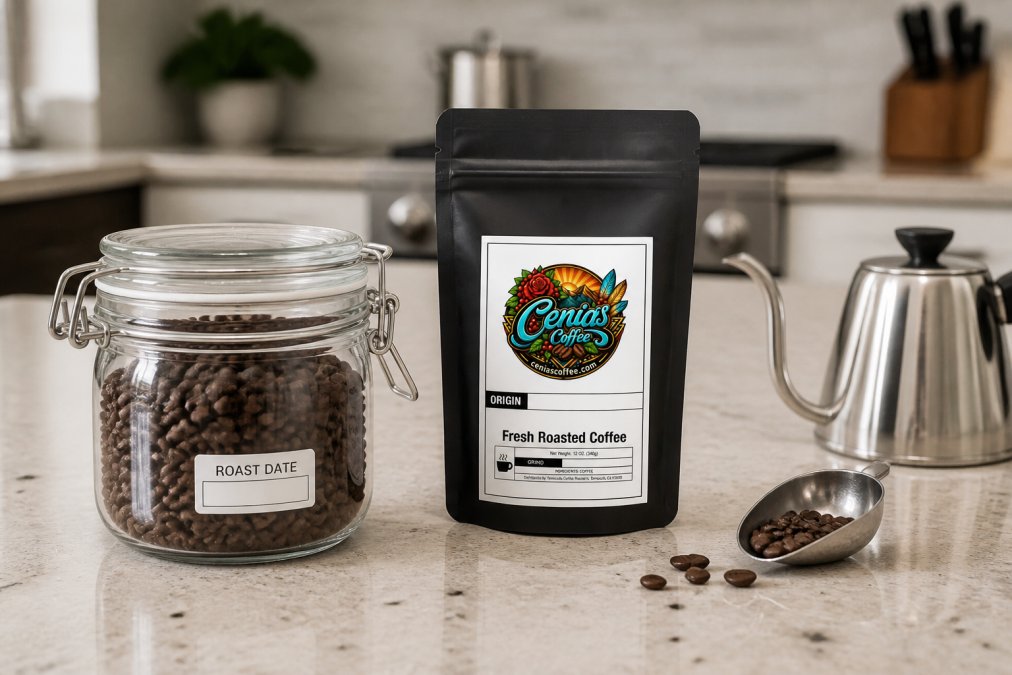 Close-up of freshly roasted coffee beans in an airtight glass container on a kitchen counter, with a roast date label clearly visible on the container