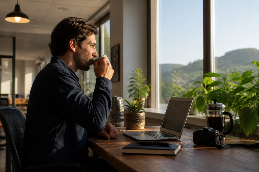 Remote worker enjoying a fresh cup of coffee at a sunlit desk with a laptop