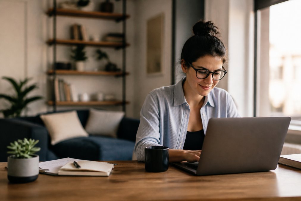 Remote worker at home desk with fresh cup of coffee, natural morning light through window, focused expression while working on laptop