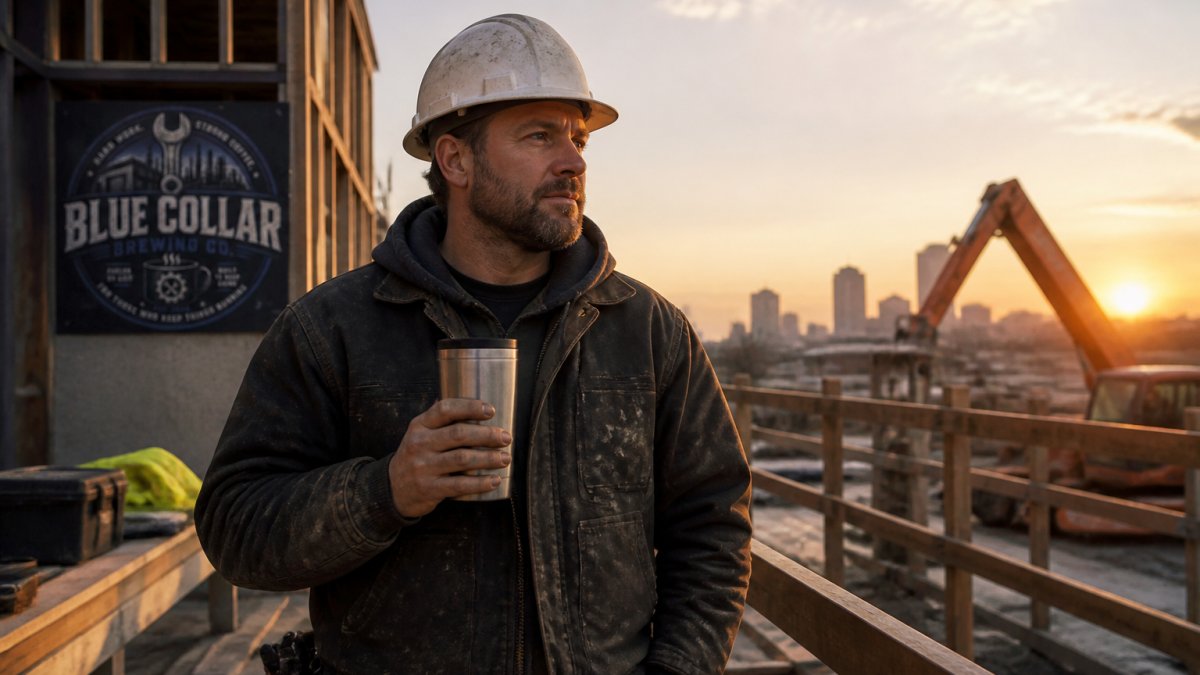 A construction worker in a hard hat holding a stainless steel travel mug of coffee on a job site at dawn, golden morning light, focused expression ready for the workday