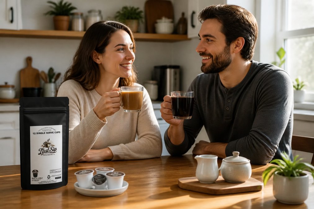 Two people enjoying different cups of coffee together at a home kitchen table, one holding a lighter roast and one a darker roast, morning sunlight streaming through the window