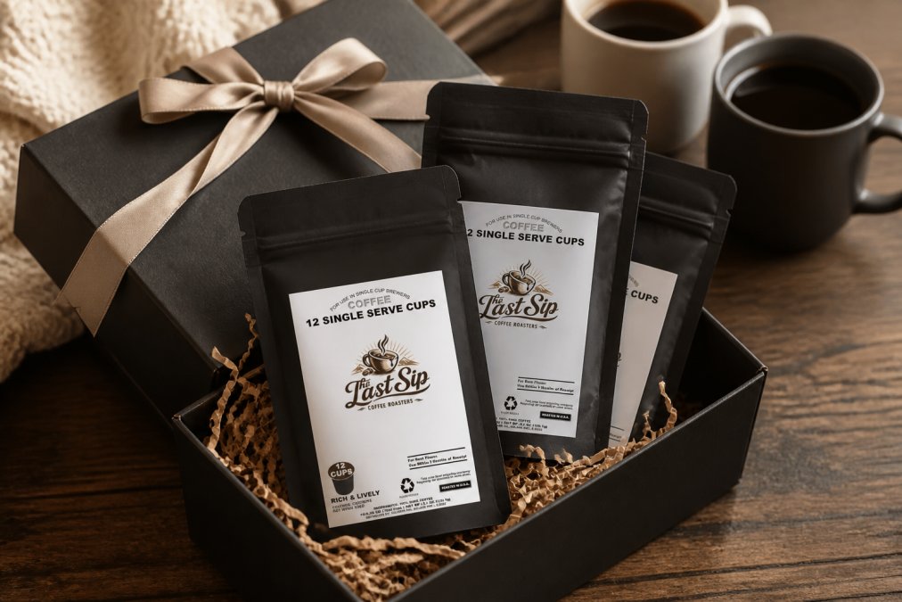 A beautifully arranged coffee gift set with sample packs and whole bean bags on a wooden surface, wrapped with elegant ribbon, ready for gifting