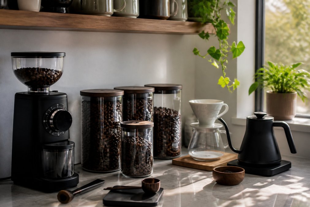 Well-organized home coffee station with sealed containers of coffee beans, a grinder, and brewing equipment on a kitchen counter with natural window lighting