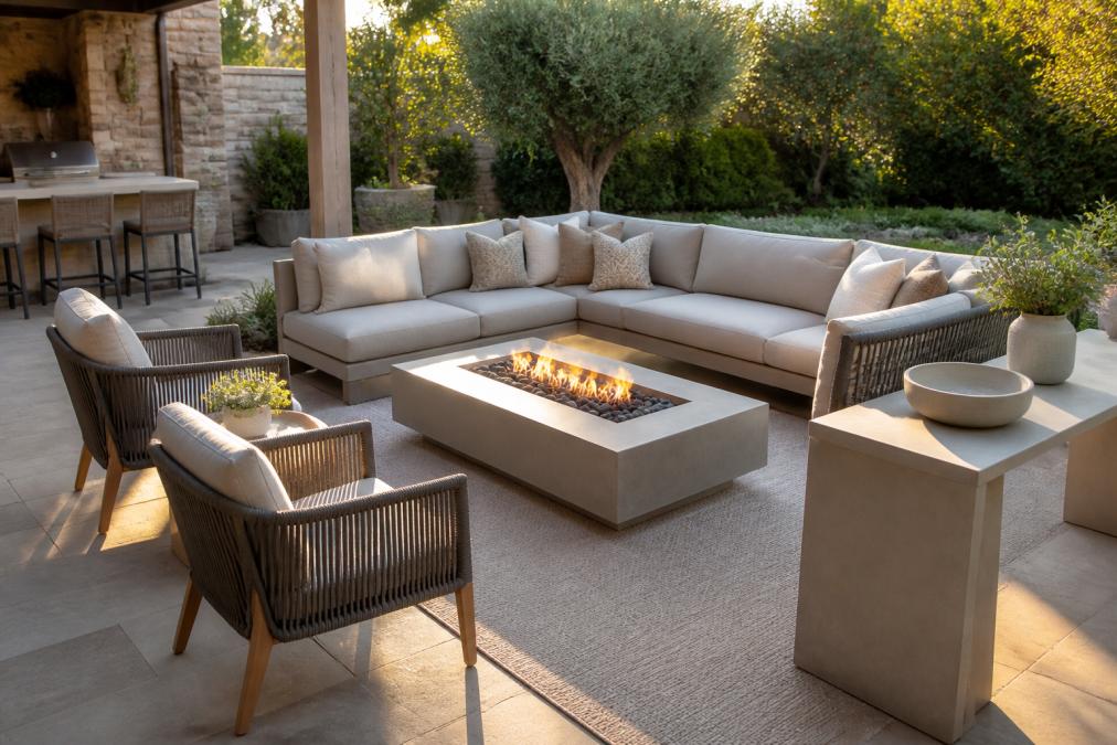 Modern outdoor patio space with a coordinated sectional sofa in neutral tones, a sculptural fire pit table, matching accent chairs, and a statement console table, arranged to show how premium pieces create a cohesive entertaining area with natural afternoon lighting