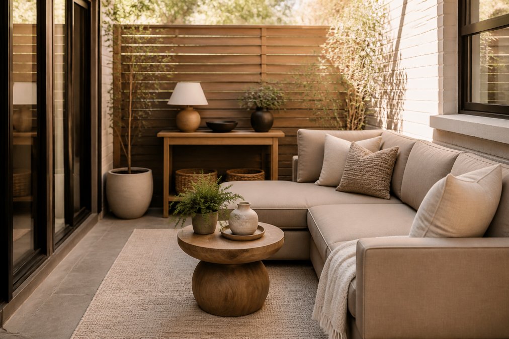 A compact 8x10 foot patio space with a small L-shaped sectional in neutral khaki tones, a sculptural round side table in natural wood, and a statement console table against the back wall, showing how carefully chosen premium pieces create an upscale retreat without overcrowding