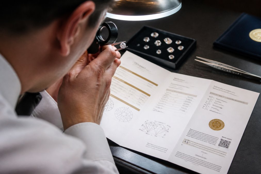 Professional jeweller examining a premium diamond with a jeweler's loupe under bright magnification lighting, with GIA certification documentation and grading reports visible on the workspace