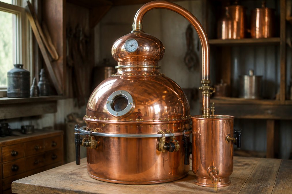 Handcrafted copper still serving as premium distillation equipment on a wooden workbench in a workshop.
