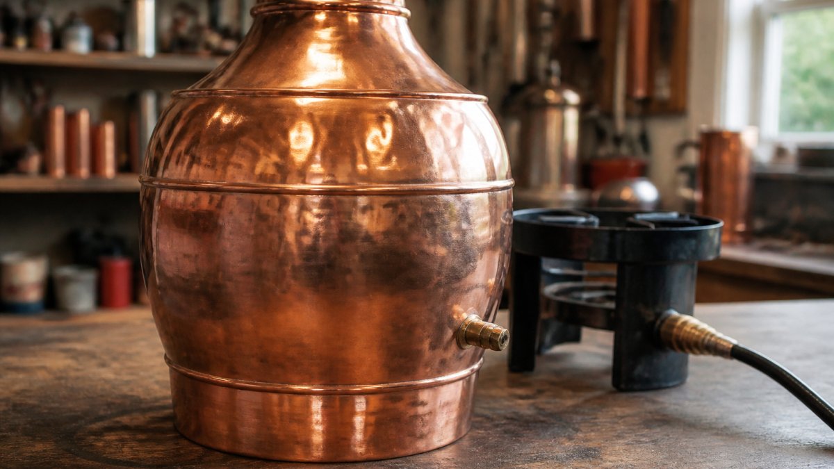 Close-up of a handcrafted copper still on a workbench, showing rolled and hemmed seams, with a propane burner nearby and soft workshop lighting