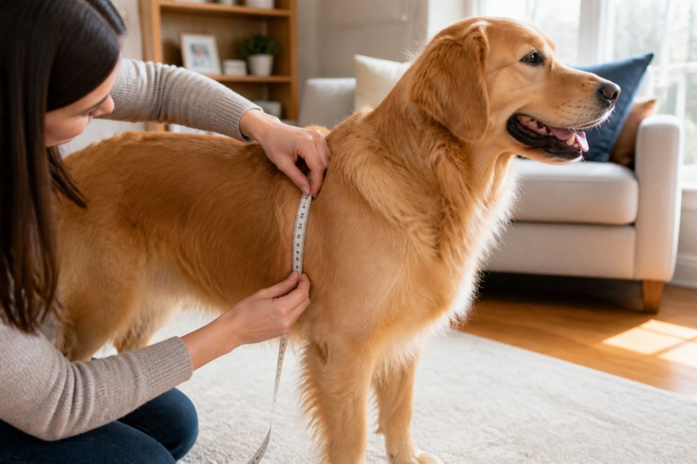 Dog owner measuring their golden retriever's chest with a soft measuring tape, showing proper technique against a bright home background