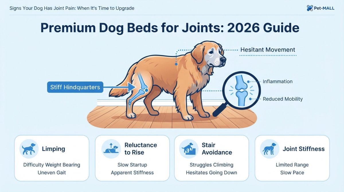 Senior dog limping or struggling to stand on hardwood floor, showing stiffness in hind legs and reluctance to move
