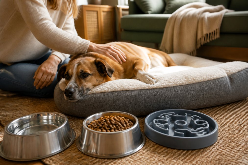 Rescue dog resting on an orthopedic bed with premium dog essentials for rescue support nearby.