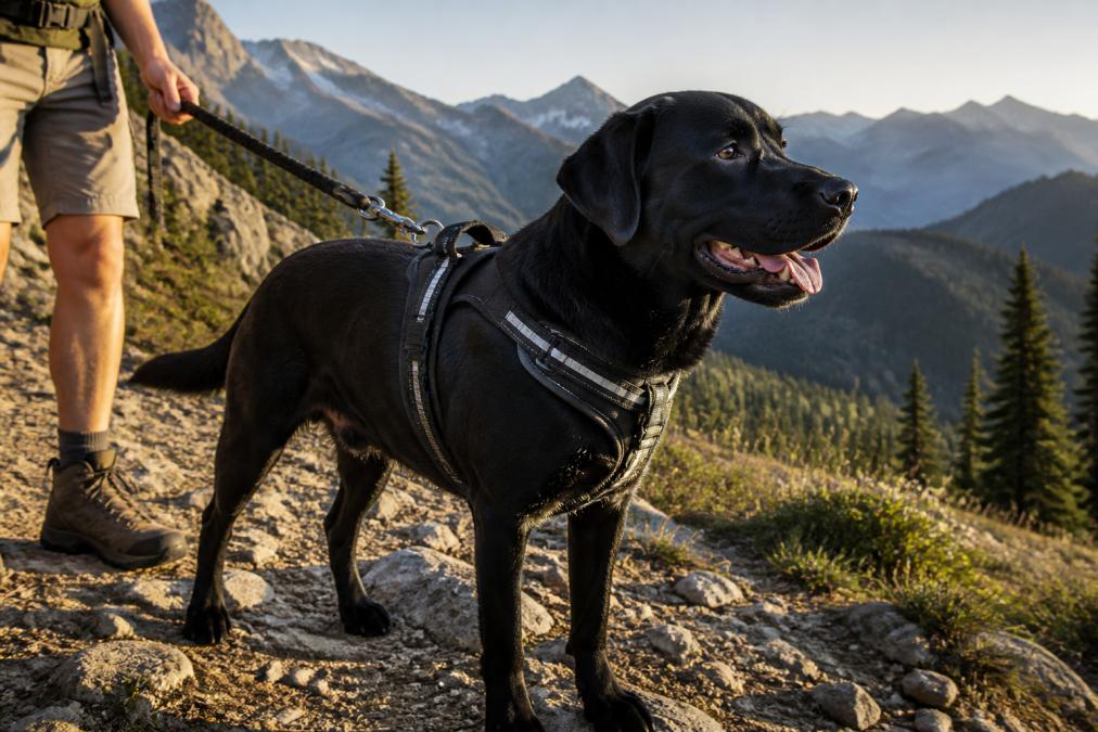 A large black Labrador wearing a padded reflective harness standing on a rocky mountain trail, hiker in boots holding a leash, morning light over distant peaks
