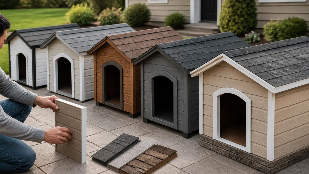 A large modern insulated dog kennel with architectural shingle roof and matching siding sitting on a landscaped backyard patio beside a home, late afternoon light