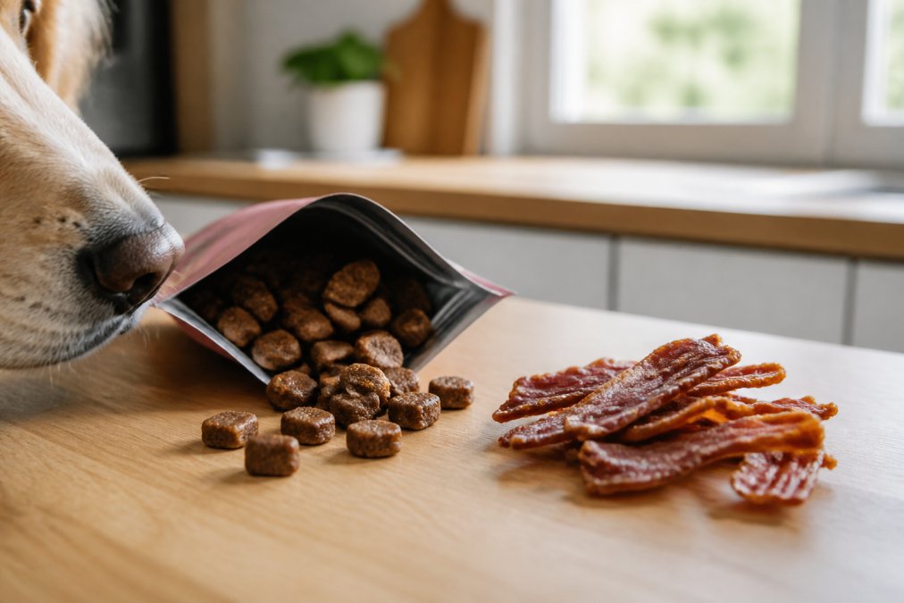 An open pouch of small soft training treats spilling out beside a few crunchy bacon treats on a light wooden kitchen counter, a dog's nose sniffing near the edge of the frame, bright natural window light