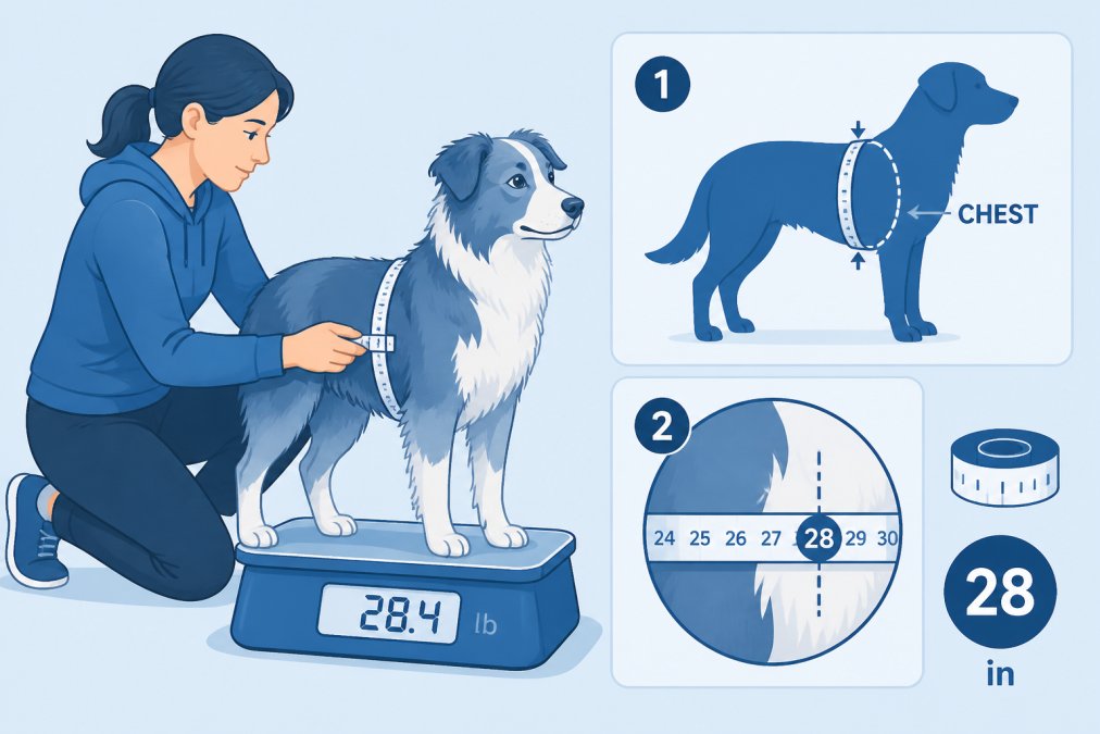 Dog owner carefully measuring their dog's chest with a soft measuring tape, showing proper technique on a medium-sized dog standing calmly on a kitchen scale