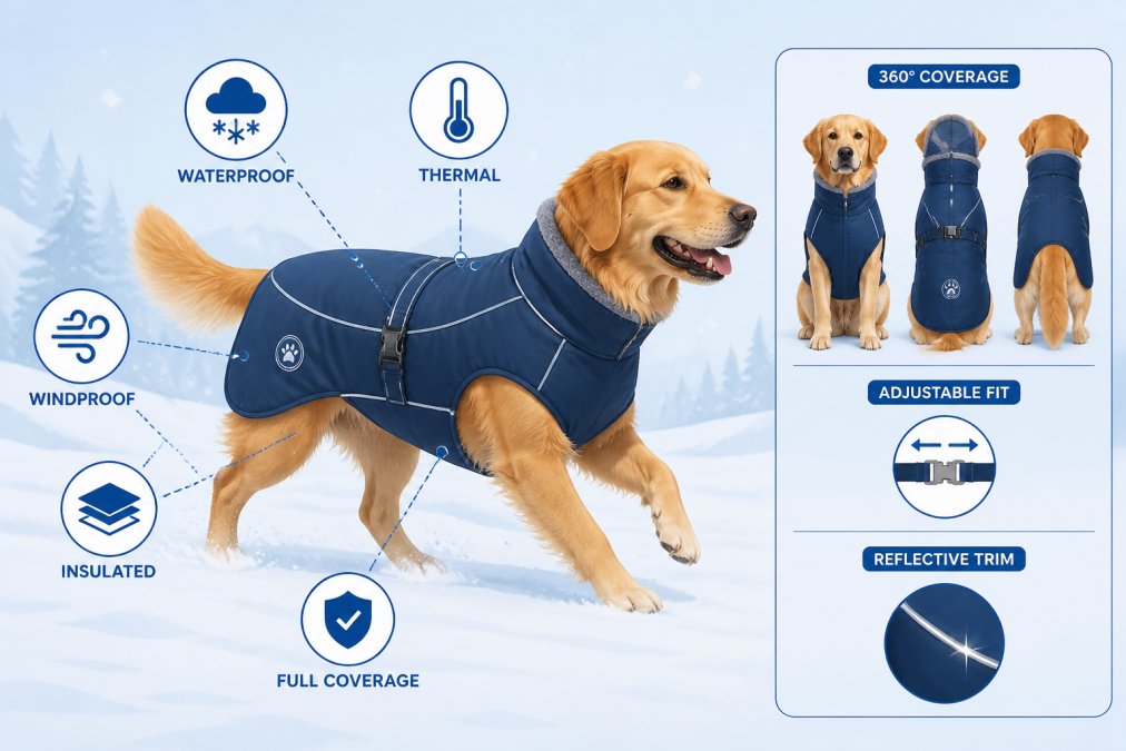Golden Retriever wearing a premium winter coat outdoors in falling snow, showing full-body coverage and how the coat fits during active movement in winter conditions