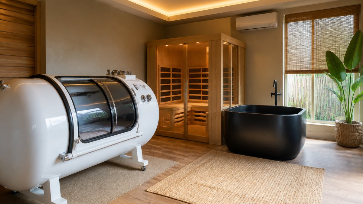 Modern home wellness room featuring a hyperbaric chamber, infrared sauna, and cold plunge tub arranged in a spa-like setting with natural wood finishes, ambient lighting, and climate control