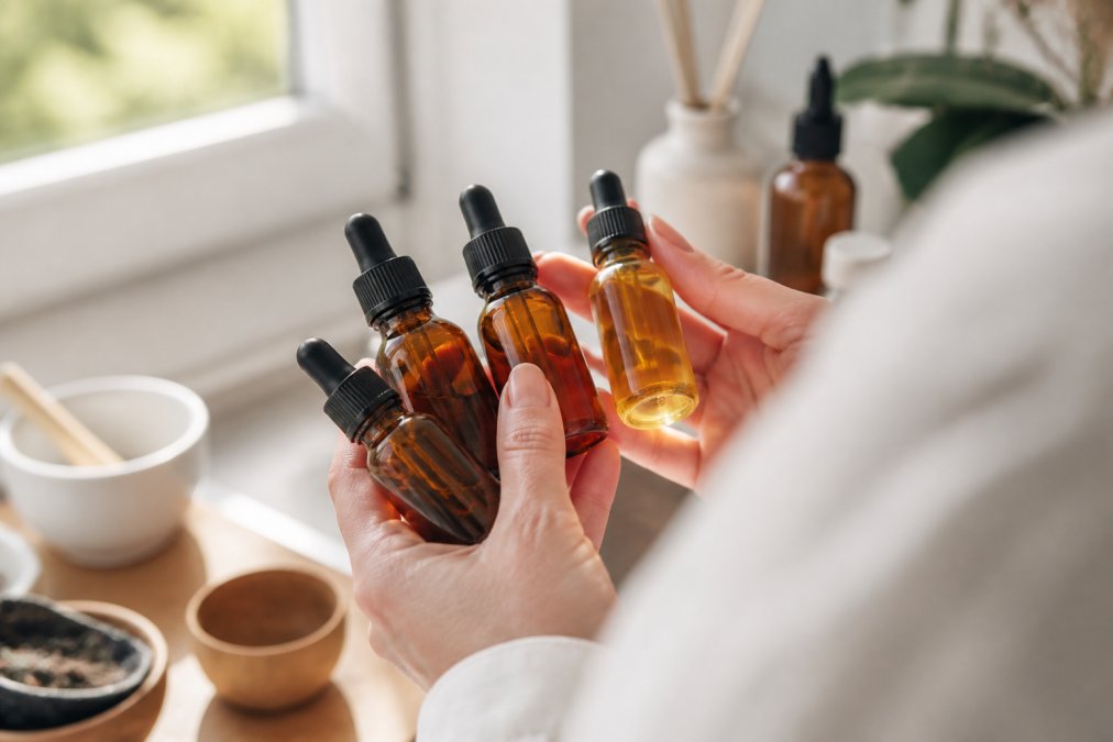 Close-up of hands holding amber glass bottles of essential oils with droppers, showing various oil colors and textures catching natural light from a window