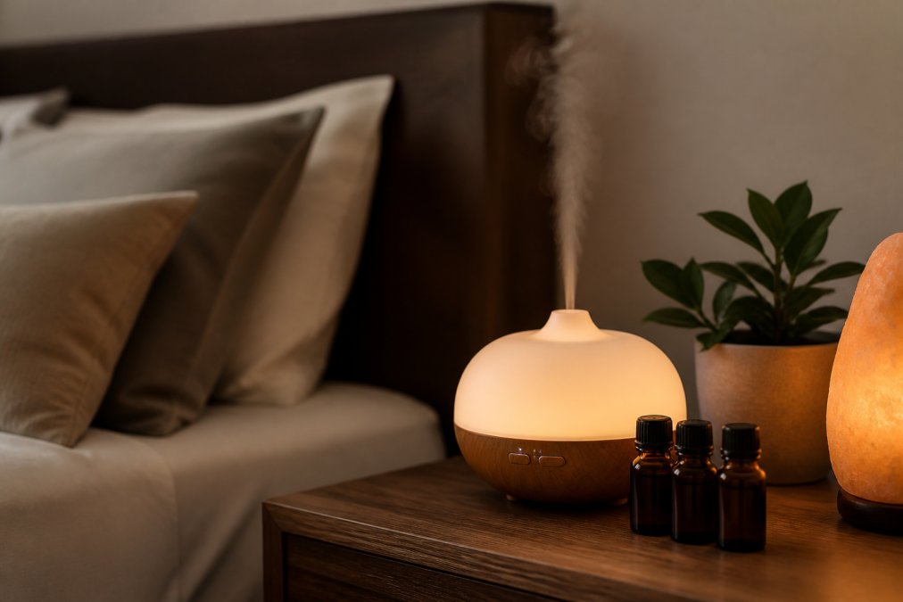 A serene bedroom scene with a portable ultrasonic diffuser on a nightstand, releasing soft mist, ambient LED light creating a calming glow, amber glass essential oil bottles nearby